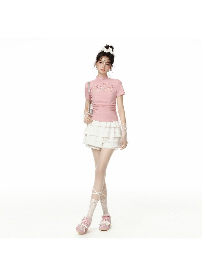 EPTISON Short Sleeve Lace-up T-shirt For Women 2025 Summer New Arrival sweet Girly Style With Hollow-out Lace Embroidery fashionable Design Top - Image 4