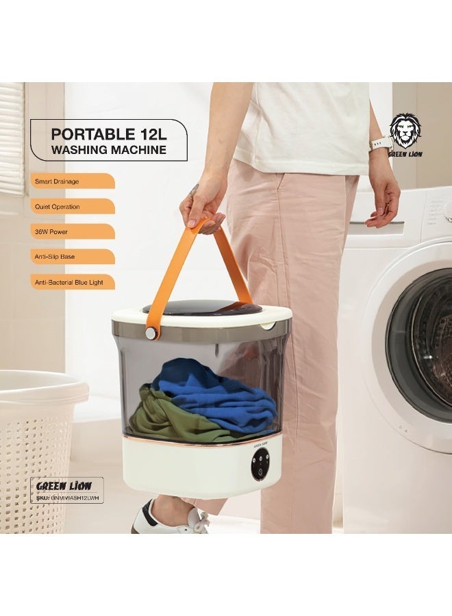 جرين ليون غسالة صغيرة محمولة بسعة 12 لترًا لغسيل ملابس الأطفال والملابس الداخلية والجوارب، مزودة بإضاءة زرقاء مضادة للبكتيريا، و3 أوضاع للتنظيف العميق، ونظام تصريف ذكي، وتشغيل هادئ، ومقاومة للماء بمعيار IPX7، وغسالة ملابس صغيرة قابلة للطي ومطورة للسفر والشقق والمنازل والفنادق والتخييم - أبيض - Image 2