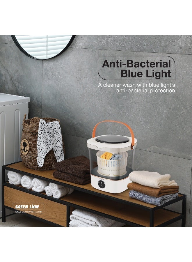 جرين ليون غسالة صغيرة محمولة بسعة 12 لترًا لغسيل ملابس الأطفال والملابس الداخلية والجوارب، مزودة بإضاءة زرقاء مضادة للبكتيريا، و3 أوضاع للتنظيف العميق، ونظام تصريف ذكي، وتشغيل هادئ، ومقاومة للماء بمعيار IPX7، وغسالة ملابس صغيرة قابلة للطي ومطورة للسفر والشقق والمنازل والفنادق والتخييم - أبيض - Image 4