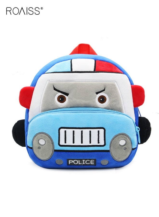 roaiss Toddler School Bag with Police Car Pattern, Adorable Soft Plush Mini Backpack for Kids, Small Daycare Backpack, Lightweight Unique Daypack for Kindergarten, Short Trips and Daily Outings - Image 1