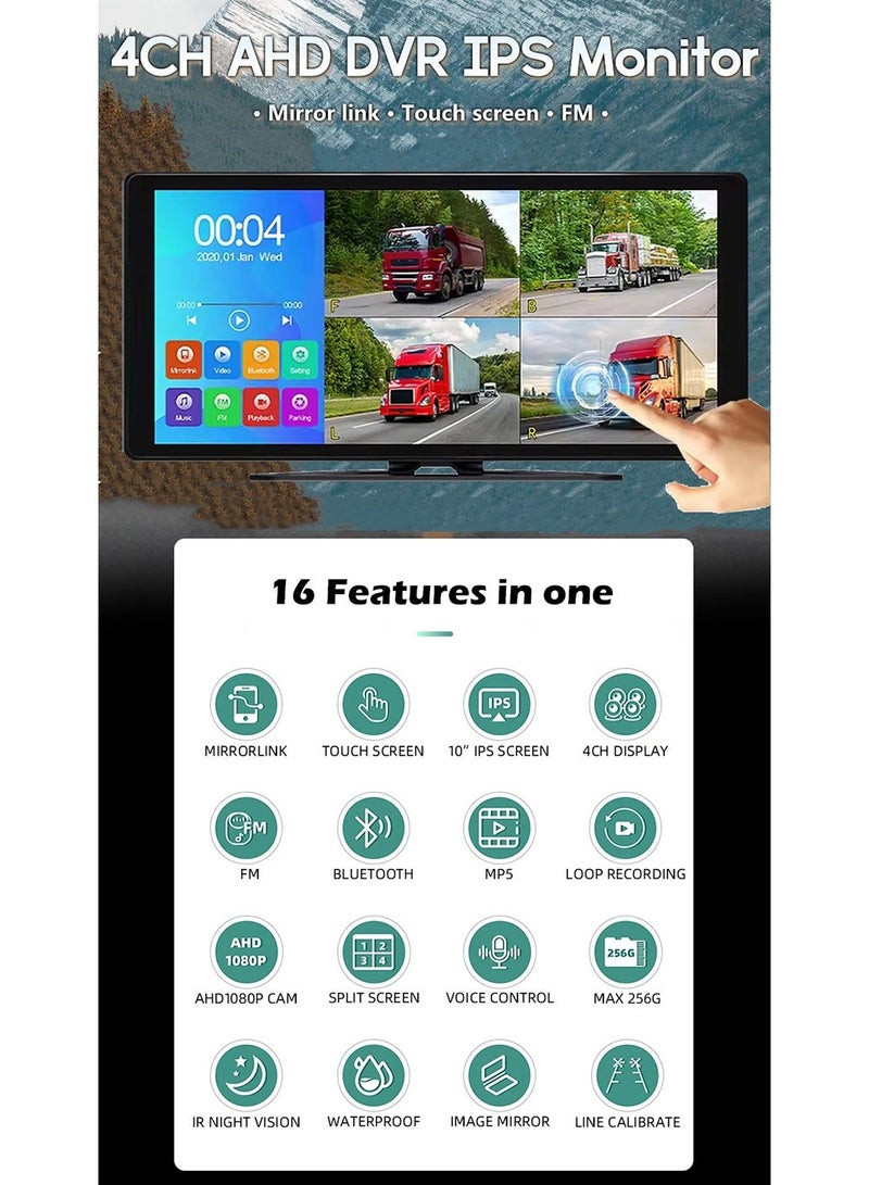 10.36 inch AHD 1080P dispaly with four channels video camera truck rear view system BSD IR cams - Image 2