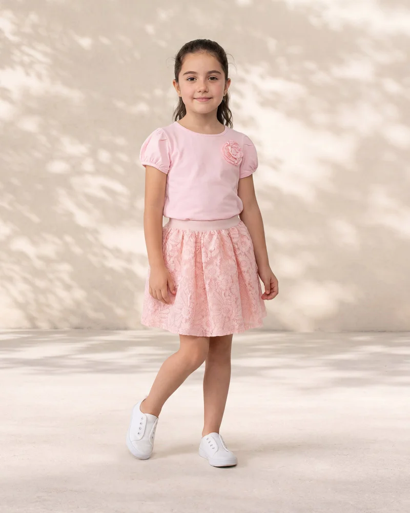 Redtag Girls Pink T-Shirt and Lace Skirt Set