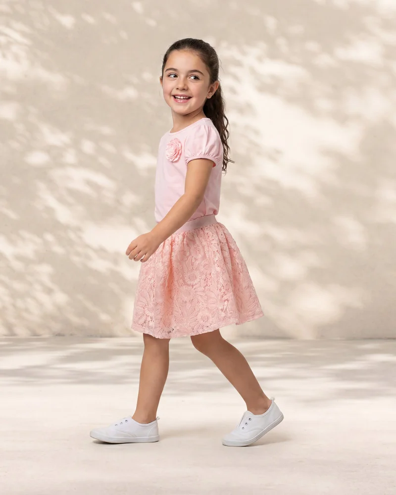 Redtag Girls Pink T-Shirt and Lace Skirt Set