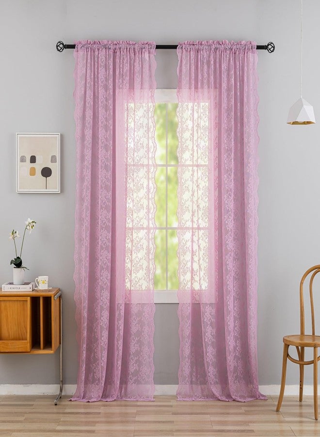 YJ YANJUN Lace Purple Curtains for Bedroom Girls 2 Panels Country Floral Lavender Sheer Curtains 84 Inch Long for Nursery Kids Baby Dorm Room Rod Pocket Provide Privacy 52 x 84 Inch Lavender Purple - Image 2