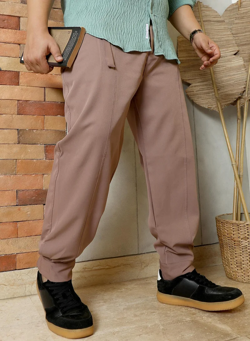 Instafab Plus Instafab Plus Men's Tan Brown Panelled Gurkha Trousers | Mid-Rise , Cuffed Hem , Button Closure | Solid Plain Polyester Blend Material For Street & Casual Wear