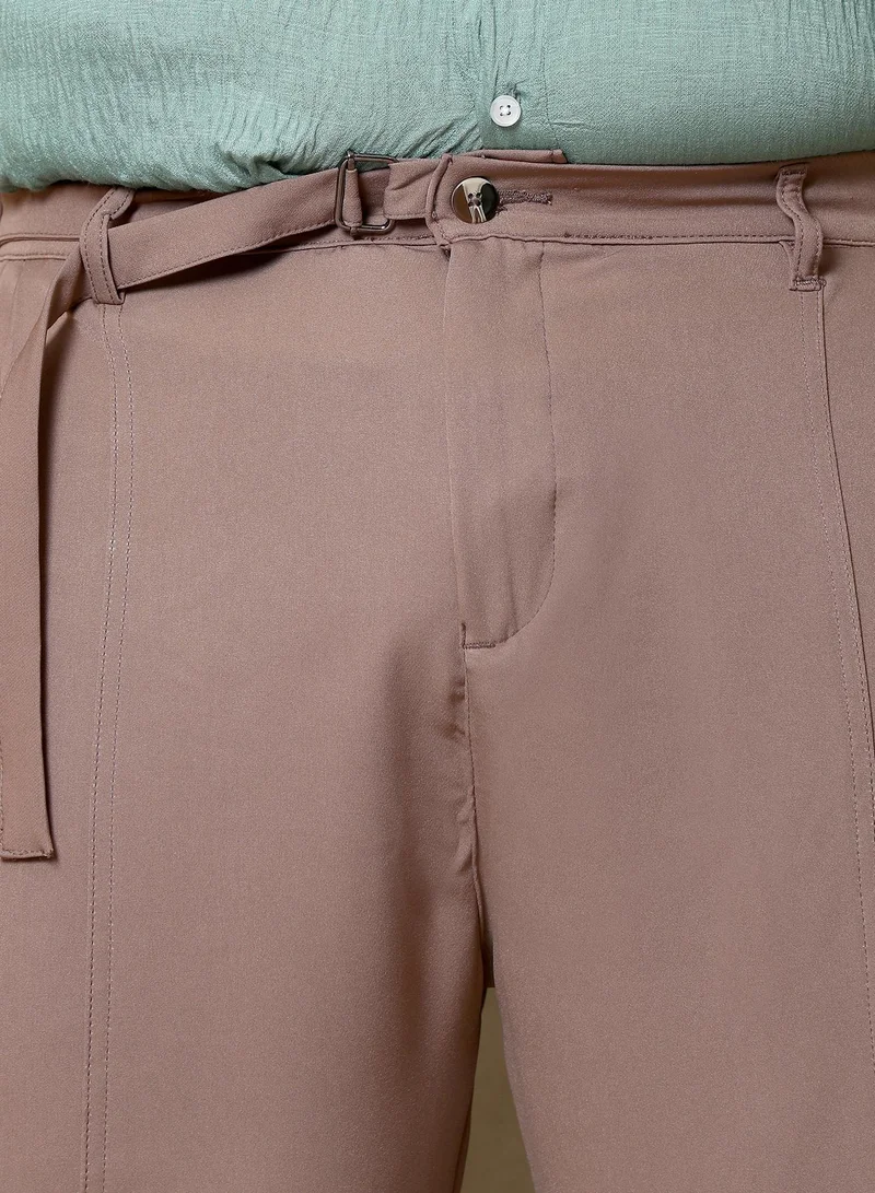 Instafab Plus Instafab Plus Men's Tan Brown Panelled Gurkha Trousers | Mid-Rise , Cuffed Hem , Button Closure | Solid Plain Polyester Blend Material For Street & Casual Wear
