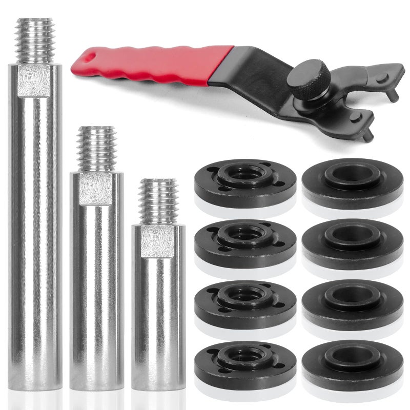 12PCS Angle Grinder Attachments Kit with Flange Nuts Angle Grinder Extension Connecting Shaft Rod with 5811 Thread Universal Adjustable Spanner Wrench Set for DeWalt Milwaukee Makita Grinder Tools