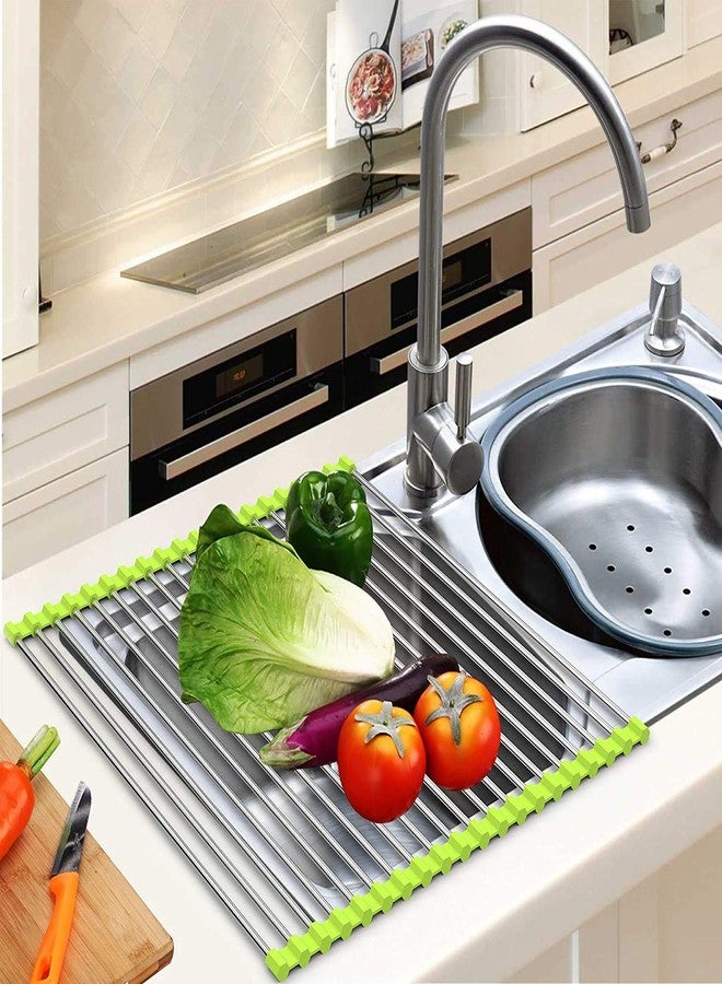 HAPYSA Stainless Steel Roll Up Dish Drying Rack, Multipurpose Sink Drying Rack Heavy Duty Portable Foldable Dish Rack Dish Drainer Over The Sink (20 Pipe - 18''x18'' in - Color-Green) - Image 1