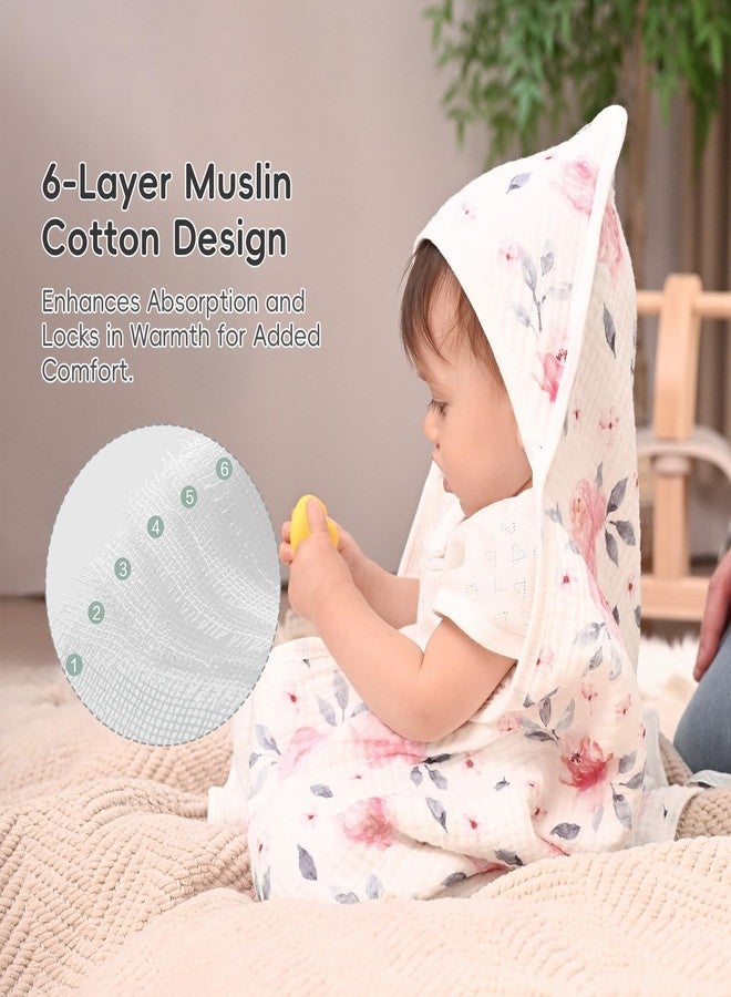 PHF 100% Muslin Cotton Baby Hooded Towels, 2 Pack Bath Towel with Hood for Newborn, Infant, Toddler, Ultra Soft and Absorbent Baby Bath Essentials, Shower Gifts for Girls, 32x32Inch, Pink Floral - Image 3
