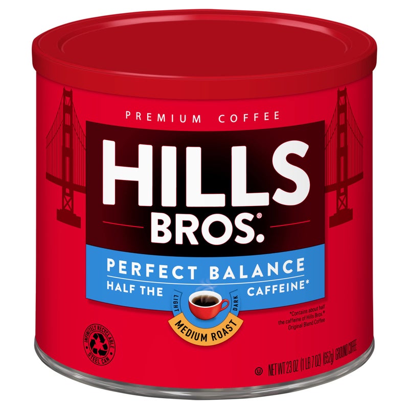 Hills Bros قهوة هيلز بروس بالتوازن المثالي، تحميص متوسط، نكهة غنية كلاسيكية كاملة الجسم، نصف الكافيين، 23 أونصة - Image 1