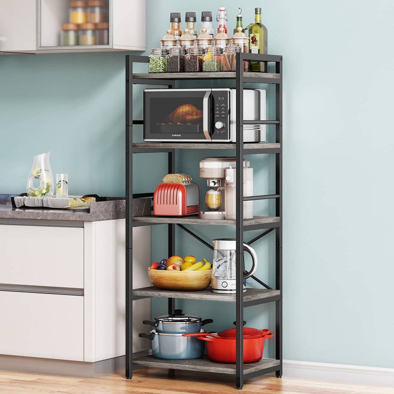 Denkee Denkee 5Tier Bakers Rack for Kitchen with Storage Industrial Microwave Stand Shelf Coffee Bar for Small Spaces Free Standing Kitchen Storage Shelf Rack 2362 L x 1575 W x 6024 H Grey