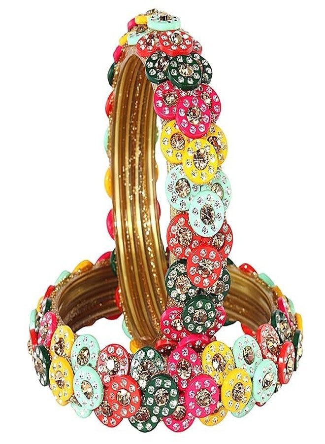 BANGLESKART طقم أساور زجاجية من بانجلسكارت، مرصعة بأحجار الزركون الذهبية والماس وخرز متعدد الألوان، للنساء والفتيات. طقم أساور راجستاني تقليدي للنساء، طقم تشودي زجاجي، مناسب لحفلات الزفاف والمناسبات والاستخدام اليومي، كهدية - طقم من قطعتين متعدد الألوان - Image 1