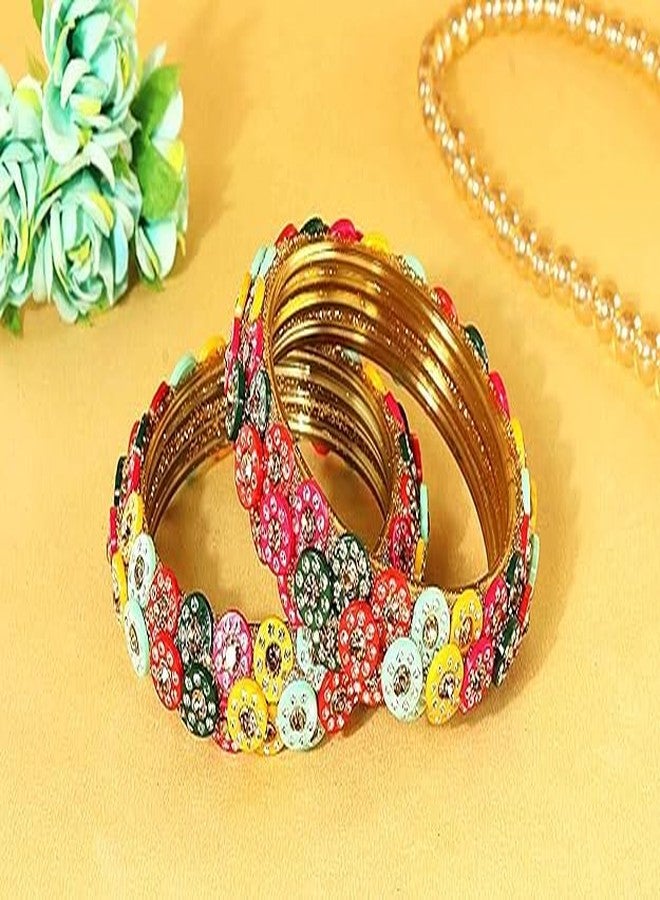 BANGLESKART طقم أساور زجاجية من بانجلسكارت، مرصعة بأحجار الزركون الذهبية والماس وخرز متعدد الألوان، للنساء والفتيات. طقم أساور راجستاني تقليدي للنساء، طقم تشودي زجاجي، مناسب لحفلات الزفاف والمناسبات والاستخدام اليومي، كهدية - طقم من قطعتين متعدد الألوان - Image 3