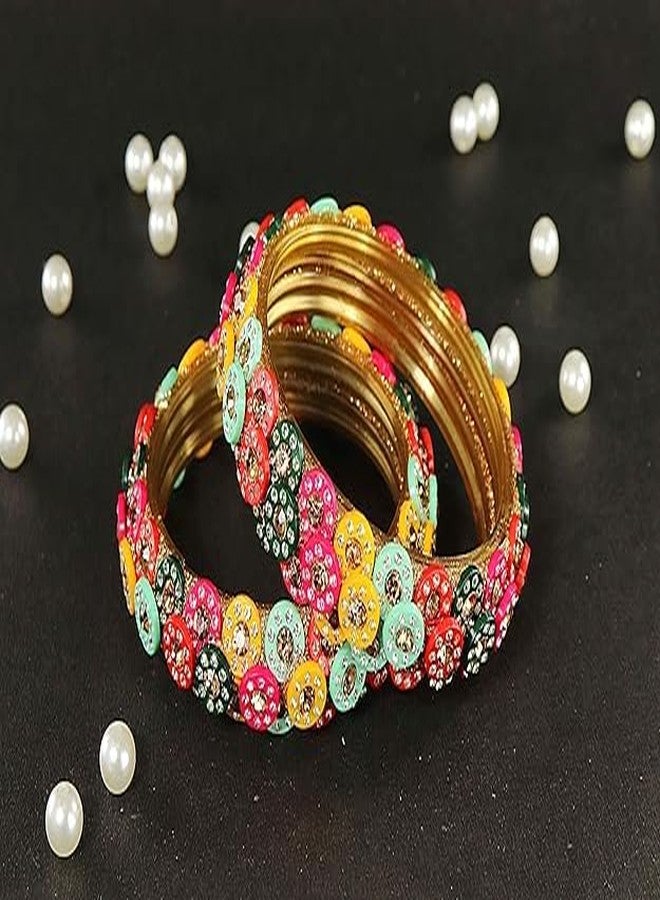 BANGLESKART طقم أساور زجاجية من بانجلسكارت، مرصعة بأحجار الزركون الذهبية والماس وخرز متعدد الألوان، للنساء والفتيات. طقم أساور راجستاني تقليدي للنساء، طقم تشودي زجاجي، مناسب لحفلات الزفاف والمناسبات والاستخدام اليومي، كهدية - طقم من قطعتين متعدد الألوان - Image 2
