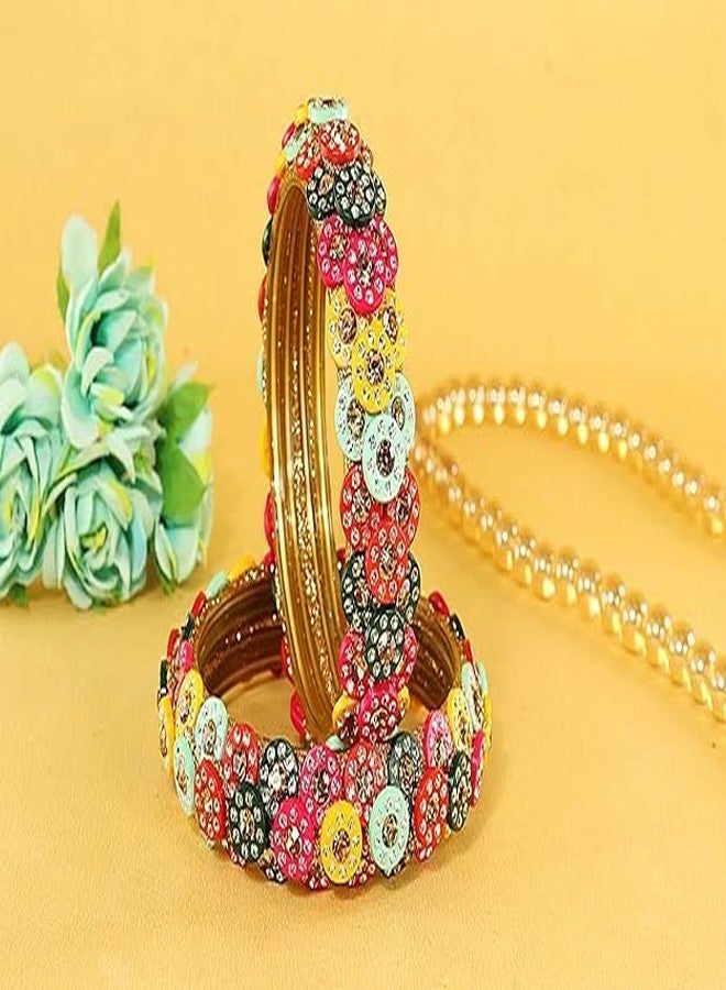 BANGLESKART طقم أساور زجاجية من بانجلسكارت، مرصعة بأحجار الزركون الذهبية والماس وخرز متعدد الألوان، للنساء والفتيات. طقم أساور راجستاني تقليدي للنساء، طقم تشودي زجاجي، مناسب لحفلات الزفاف والمناسبات والاستخدام اليومي، كهدية - طقم من قطعتين متعدد الألوان - Image 4