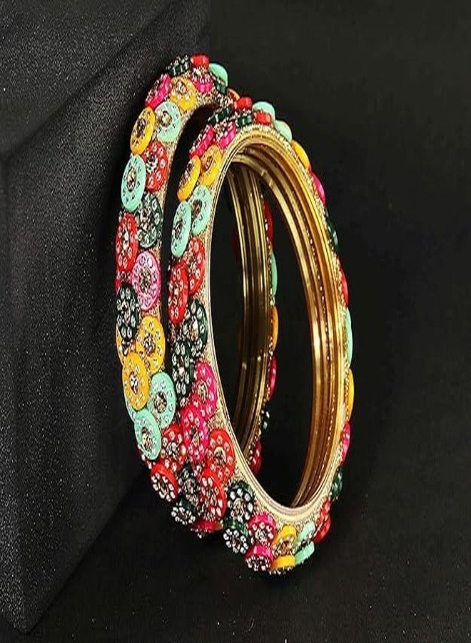 BANGLESKART طقم أساور زجاجية من بانجلسكارت، مرصعة بأحجار الزركون الذهبية والماس وخرز متعدد الألوان، للنساء والفتيات. طقم أساور راجستاني تقليدي للنساء، طقم تشودي زجاجي، مناسب لحفلات الزفاف والمناسبات والاستخدام اليومي، كهدية - طقم من قطعتين متعدد الألوان - Image 5