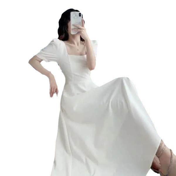 2024 Gentle Style French Style Retro Hepburn Style Long Dress Thin Elegant Womens Summer dress Waist Collar Puff Sleeve White - Image 4