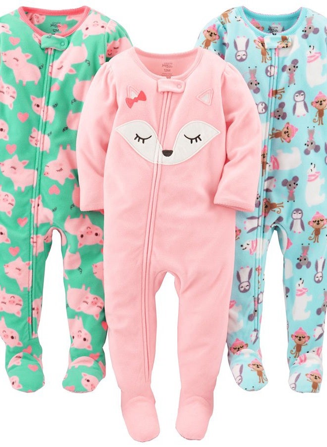 Simple Joys by Carter's Baby Girls' 3-Pack Loose Fit Flame Resistant Fleece Footed Pajamas, Blue Penguin/Green Pig/Pink Fox, 5T - Image 1