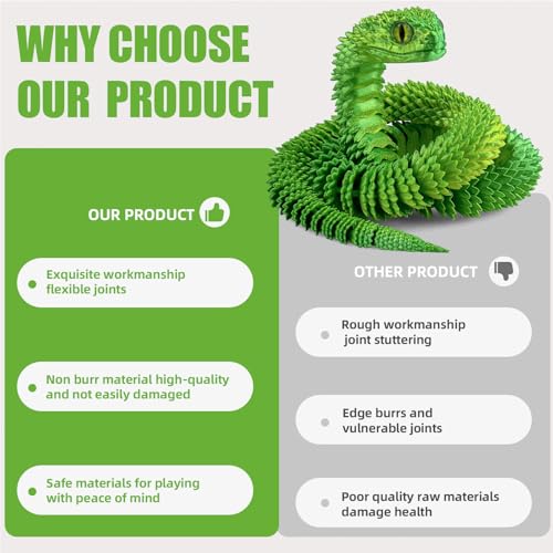 Binvin 3D Printed AnimalsSnake Viper3D Printed Snake Toys Articulated Snake 3D Printed Animals Animal Model Ornaments Creative Funny Toy Festival Gift for Frends Laser Green 24Inch - Image 5