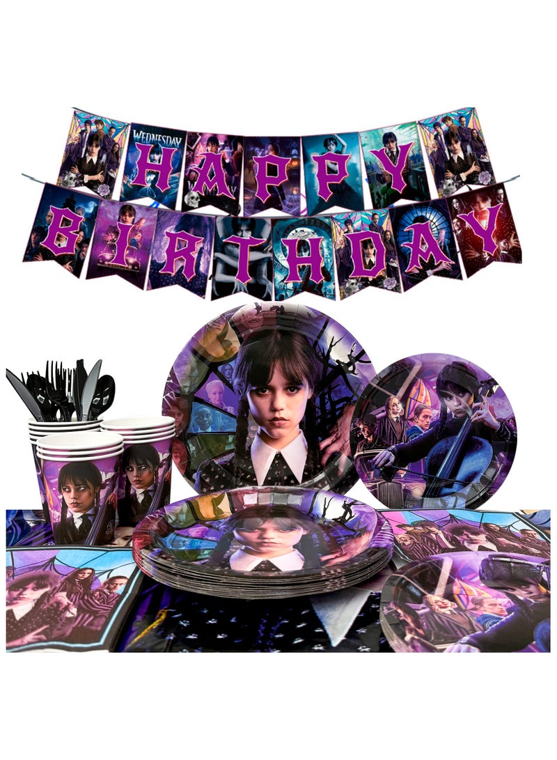 FRUITFUL PARTY Wednesday Birthday Party Disposable Tableware for 16 Guests, Wednesday Themed Party Decorations - Image 1