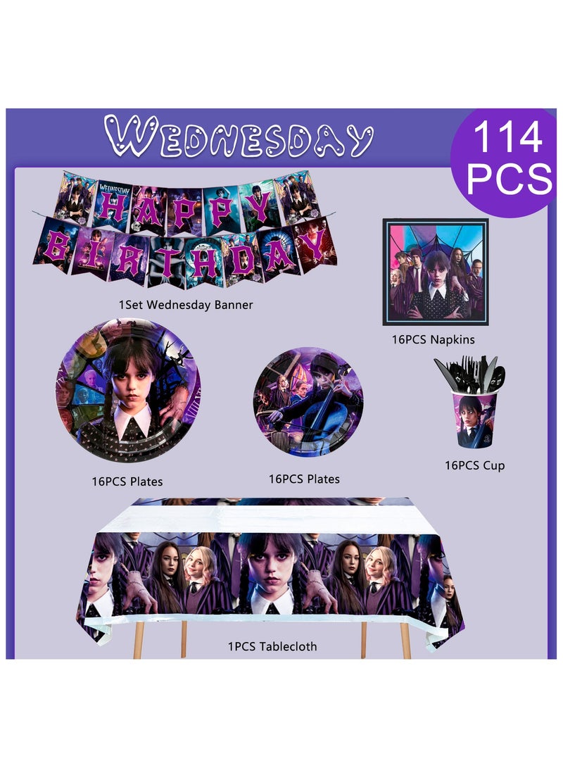 FRUITFUL PARTY Wednesday Birthday Party Disposable Tableware for 16 Guests, Wednesday Themed Party Decorations - Image 2