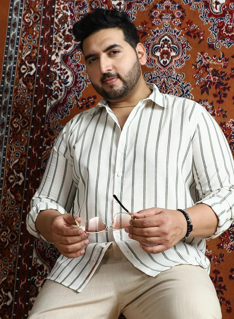 Instafab Plus Instafab Plus Men's Beige & Green Lined Halo-Striped Shirt For Casual Wear | Spread Collar | Long Cuffed Sleeves | Button Closure | Plus Size Shirt Crafted With Comfort Fit For Everyday Wear