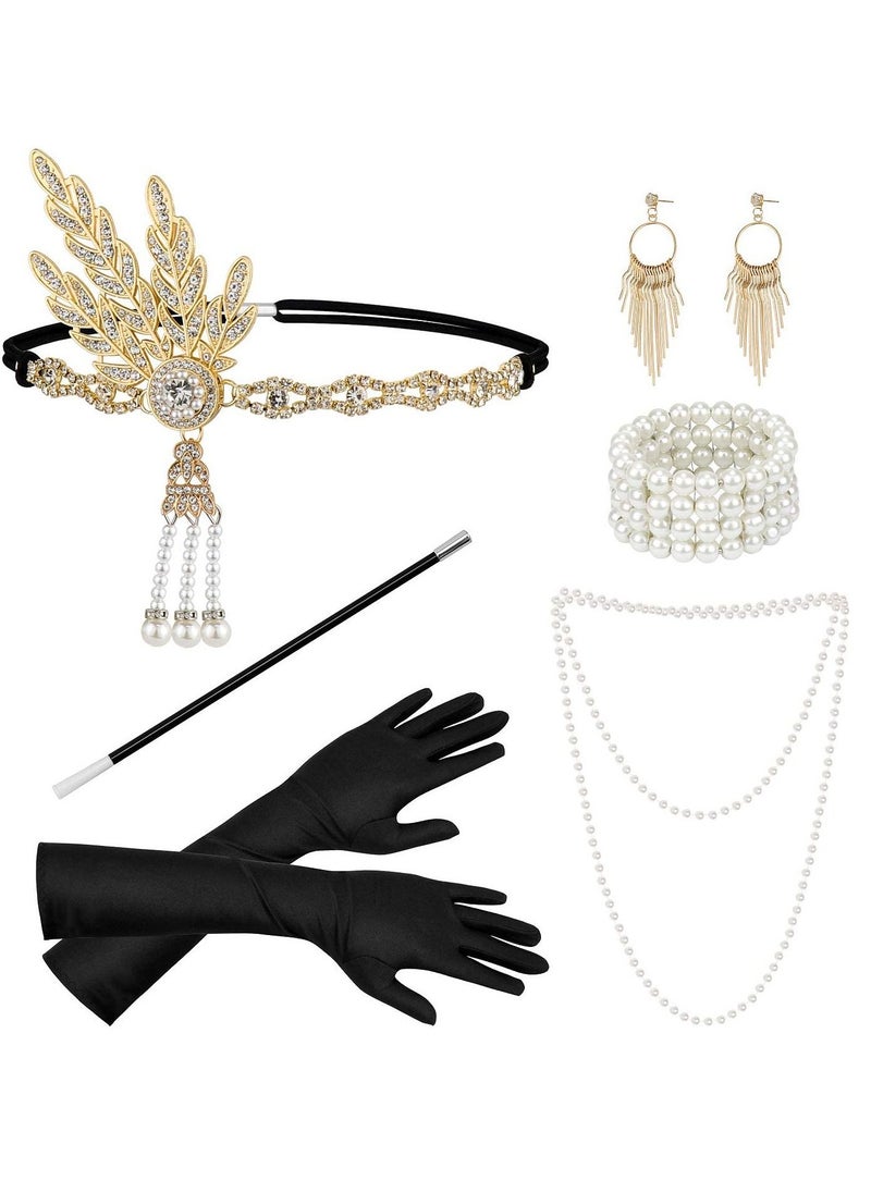 SYOSI - 6 PCS 1920s Great Gatsby Accessories Flapper Accessories 1920s Accessories for Women 1920s Feather Flapper Headpieces Necklace Gloves Roaring 20s Accessories for Women - Image 1