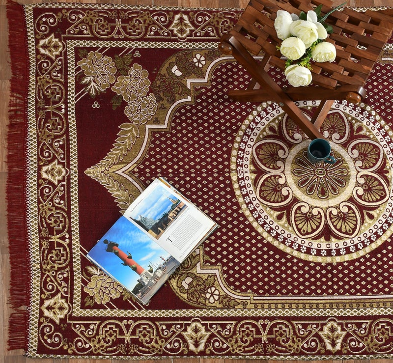 Purav Light Home Decor Cotton Carpets for Living Room 5x7 feet Multi-Use Flower Design Carpet Mats (Wine Colour) - Image 1