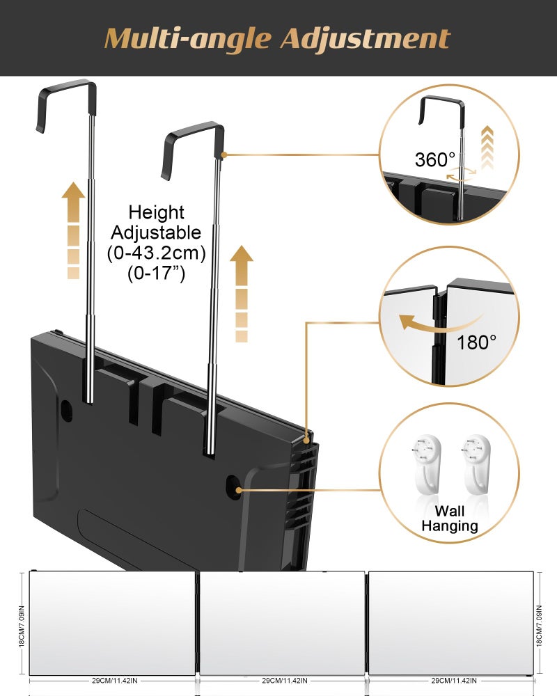 JUSRON 360 Viewing Angle Self Hair Cutting Mirror, Clear Anti-Fog HD Glass (Black Without LED with Accessories) - Image 2