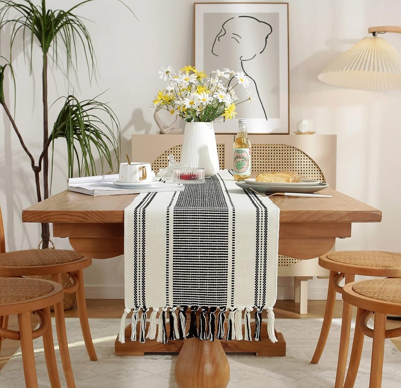 STONEMUNK Cotton Table Runner 13'' x 72'' Eco-Friendly Hand-Made Cotton Runner for Parties, Dining Table, Wedding, Boho Runner - (Black - T.R (New H)) - Image 1