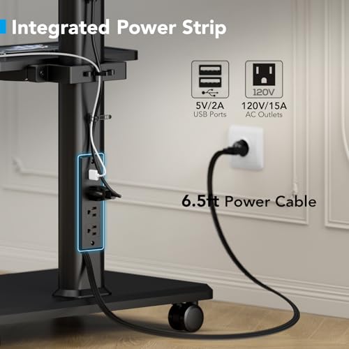 AX WABER Mobile TV Stand with Power Outlets&Shelf, Floor Portable TV Stand with Wheels for 27-65Inch LCD LED OLED Flat/Curved Panel Screen, Swivel,Height Adjustable&Wood Base, RollingTV Cart Black - Image 2
