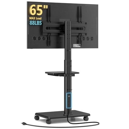 AX WABER Mobile TV Stand with Power Outlets&Shelf, Floor Portable TV Stand with Wheels for 27-65Inch LCD LED OLED Flat/Curved Panel Screen, Swivel,Height Adjustable&Wood Base, RollingTV Cart Black - Image 1