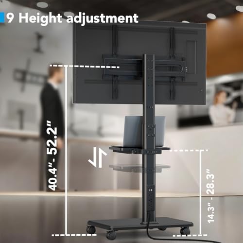 AX WABER Mobile TV Stand with Power Outlets&Shelf, Floor Portable TV Stand with Wheels for 27-65Inch LCD LED OLED Flat/Curved Panel Screen, Swivel,Height Adjustable&Wood Base, RollingTV Cart Black - Image 3
