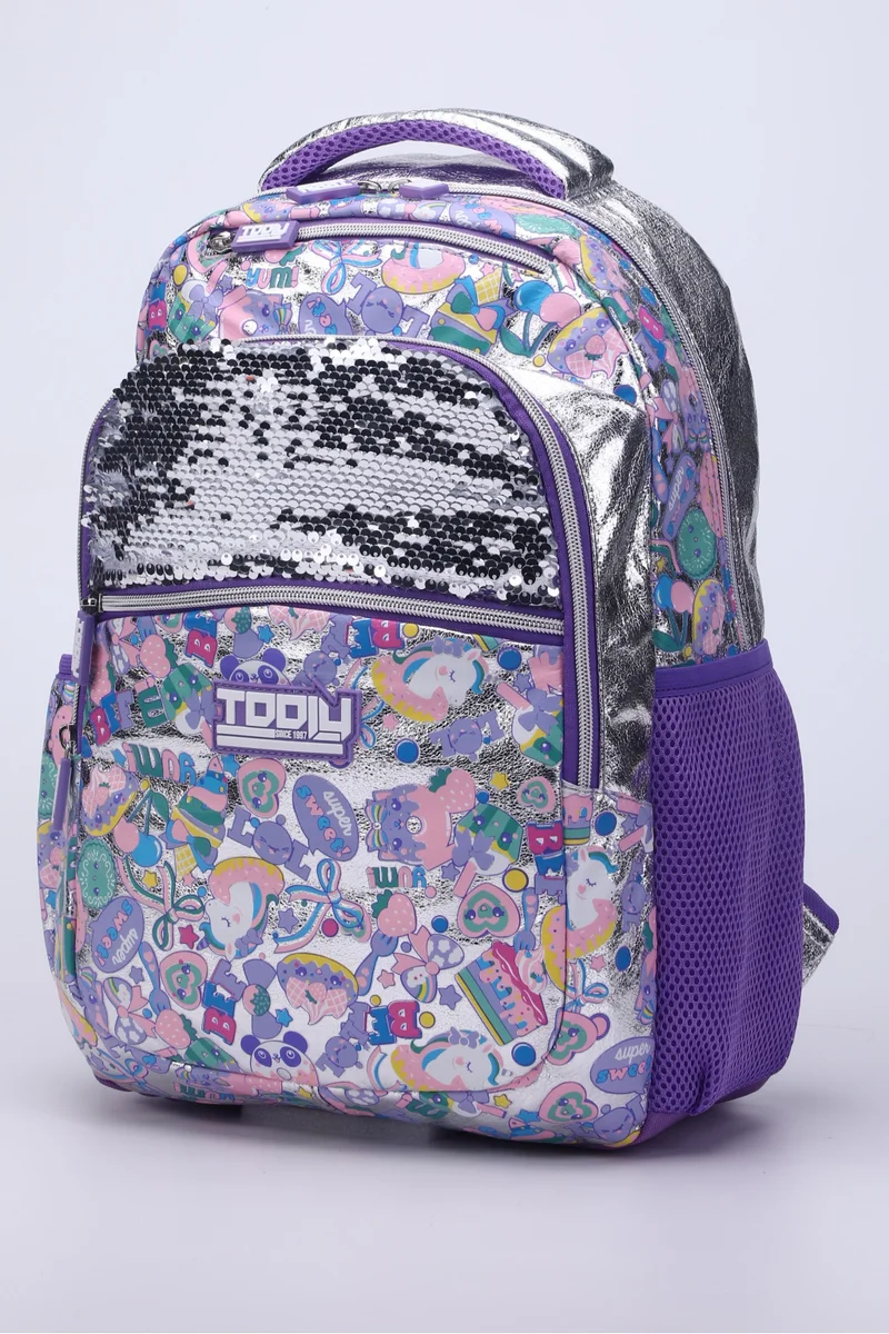 TOOLY School Backpack, Casual Backpack, Fashion Backpack, Colourful Printed Design, Sequin Accent