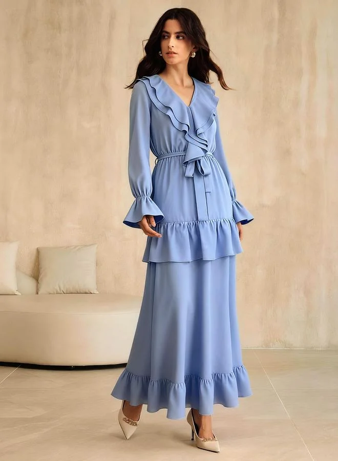 Take Two Blue Ruffle Detail Maxi Dress