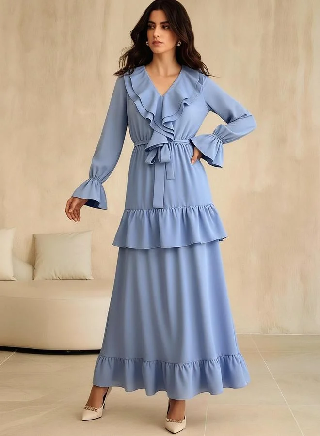 Take Two Blue Ruffle Detail Maxi Dress