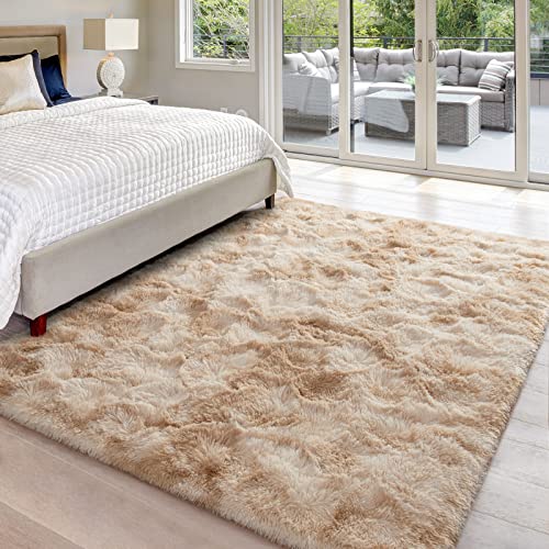 Hutha 5x8 Large Area Rugs for Living Room, Super Soft Fluffy Modern Bedroom Rug, Tie-Dyed Beige Indoor Shag Fuzzy Carpets for Girls Kids Nursery Room Home Decor - Image 2