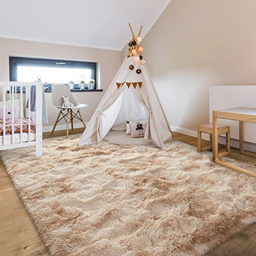 Hutha 5x8 Large Area Rugs for Living Room, Super Soft Fluffy Modern Bedroom Rug, Tie-Dyed Beige Indoor Shag Fuzzy Carpets for Girls Kids Nursery Room Home Decor - Image 3