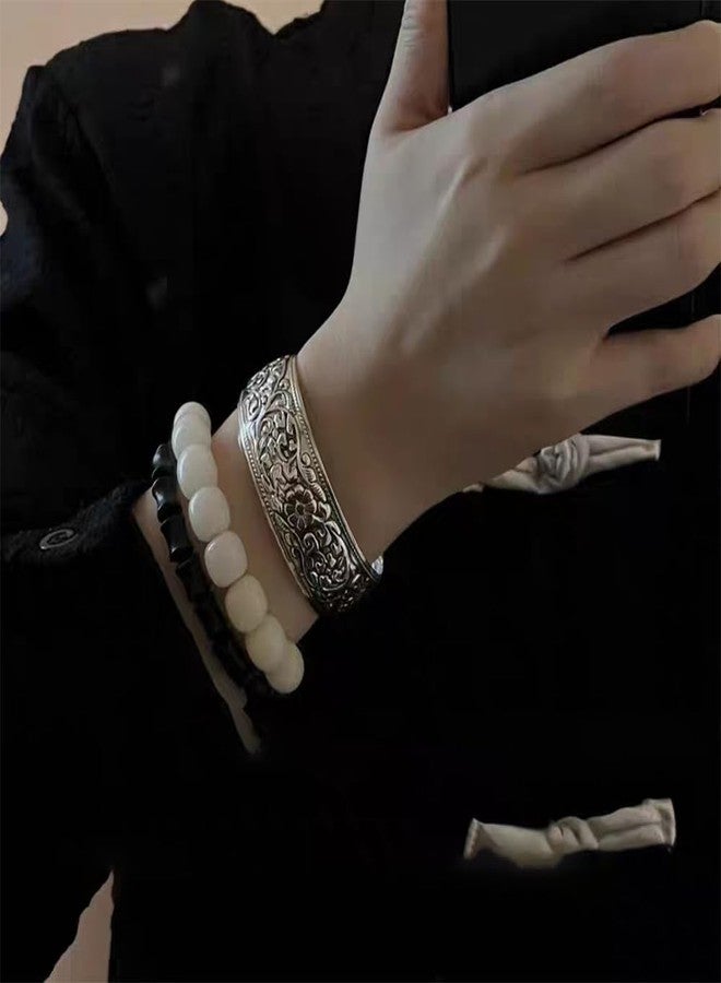OIDIMS Vintage Carved Flower Cuff Bracelet for Women Fashion Open Upper Arm Wrist Band Stackable Wide Bangle Wristbands Adjustable Armlet Armband Bicep Bracelet Personalized Ethnic Statement Jewelry - Image 2