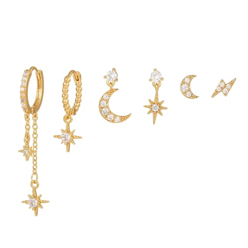Aaishwarya Set of 6 SINGLE EAR 18K Plated Star and Moon Zircon Earring Set for | Earrings for Women and Girls | Waterproof Anti-Tarnish | Multi Piercing Jewelry Set | Celestial Jewellery - Image 1