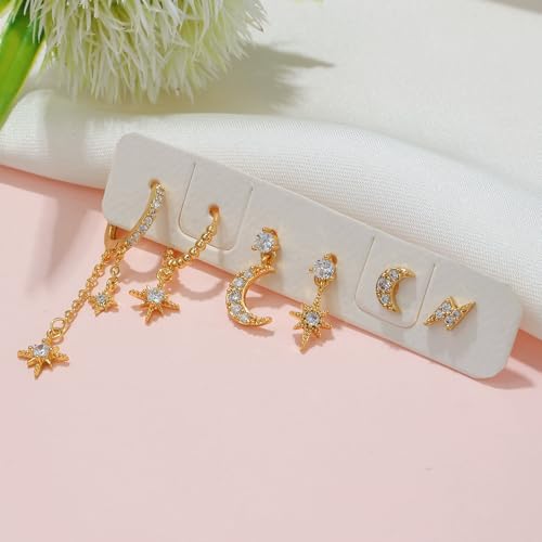 Aaishwarya Set of 6 SINGLE EAR 18K Plated Star and Moon Zircon Earring Set for | Earrings for Women and Girls | Waterproof Anti-Tarnish | Multi Piercing Jewelry Set | Celestial Jewellery - Image 5
