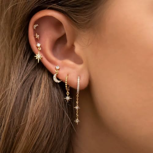 Aaishwarya Set of 6 SINGLE EAR 18K Plated Star and Moon Zircon Earring Set for | Earrings for Women and Girls | Waterproof Anti-Tarnish | Multi Piercing Jewelry Set | Celestial Jewellery - Image 2