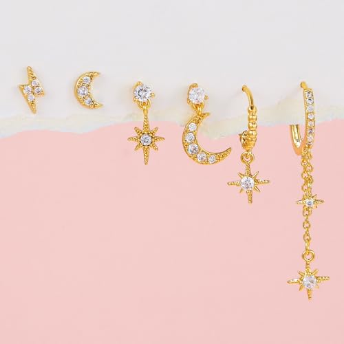 Aaishwarya Set of 6 SINGLE EAR 18K Plated Star and Moon Zircon Earring Set for | Earrings for Women and Girls | Waterproof Anti-Tarnish | Multi Piercing Jewelry Set | Celestial Jewellery - Image 3