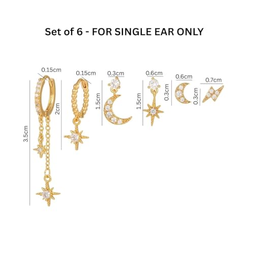 Aaishwarya Set of 6 SINGLE EAR 18K Plated Star and Moon Zircon Earring Set for | Earrings for Women and Girls | Waterproof Anti-Tarnish | Multi Piercing Jewelry Set | Celestial Jewellery - Image 4