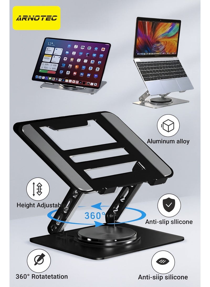 ARNOTEC 360° Rotating Laptop Stand, Adjustable Height Foldable Notebook Riser, Carbon Steel Ergonomic Holder with Cooling & Anti-Slip Pad, Compatible with Laptops up to 17.3 inch - Image 2