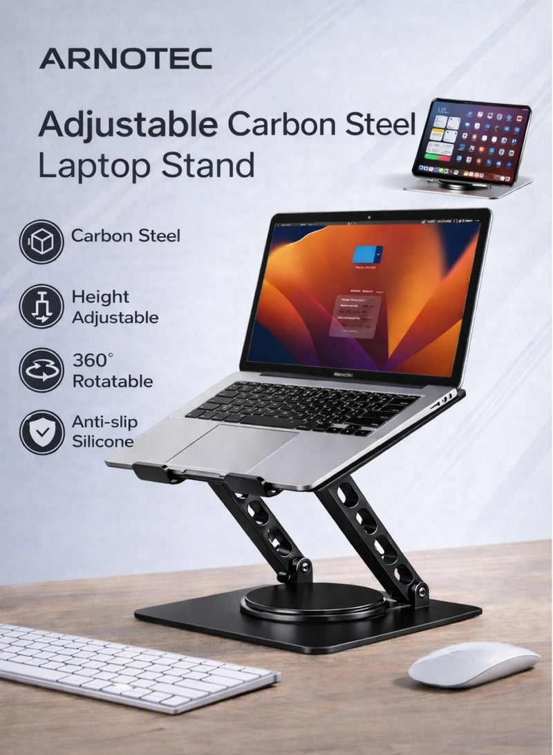 ARNOTEC 360° Rotating Laptop Stand, Adjustable Height Foldable Notebook Riser, Carbon Steel Ergonomic Holder with Cooling & Anti-Slip Pad, Compatible with Laptops up to 17.3 inch - Image 1