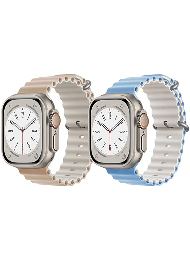 vesus Silicone Ocean Band Strap for Apple Watch Ultra 8 49mm Beige/White Double Side Strap with Sky Blue/White Double Side Strap Set of 2
