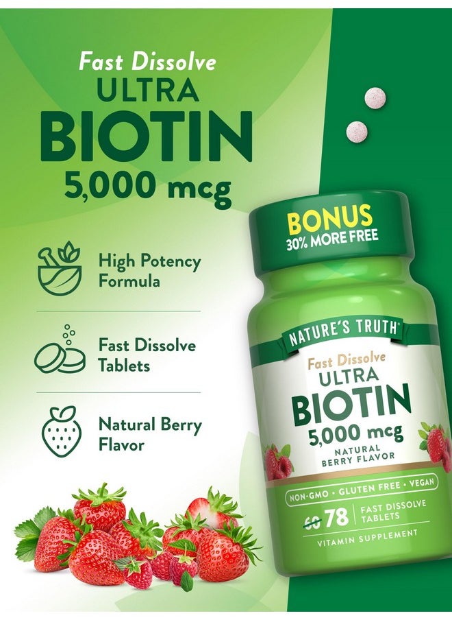 نايتشورز تروث - Nature's Truth Biotin 5000mcg | 78 قرصًا سريع الذوبان | نكهة التوت الطبيعية | نباتي، غير معدّل وراثيًا، خالٍ من الجلوتين - Image 1