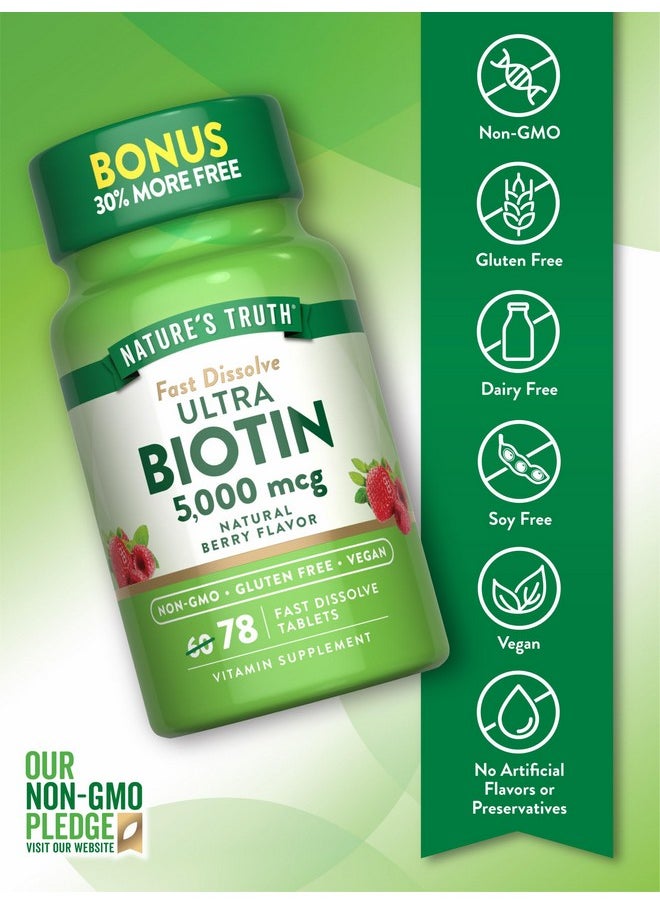 نايتشورز تروث - Nature's Truth Biotin 5000mcg | 78 قرصًا سريع الذوبان | نكهة التوت الطبيعية | نباتي، غير معدّل وراثيًا، خالٍ من الجلوتين - Image 1