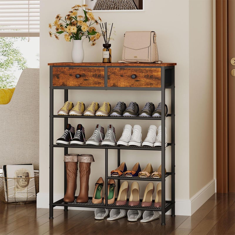Snughome Shoe Rack, 5 Tier Shoe Storage Organizer with 2 Drawers, Shoe Storage Shelves with Sturdy Wooden Top and Metal Shelves, Free Standing Shoe Rack for Entryway Closet - Image 3